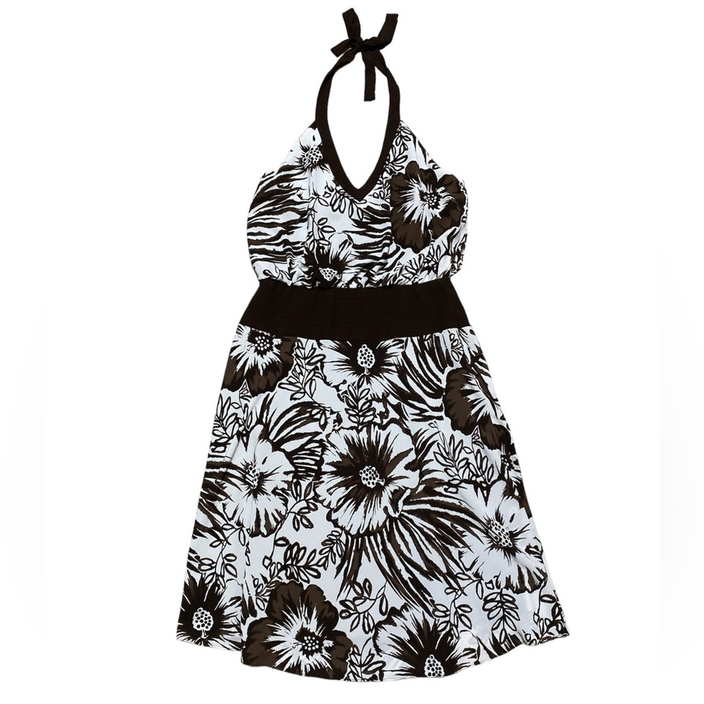 Y2K Halter Dress Womens 12 Brown Hibiscus Floral Coconut Girl V Neck SL Fashions